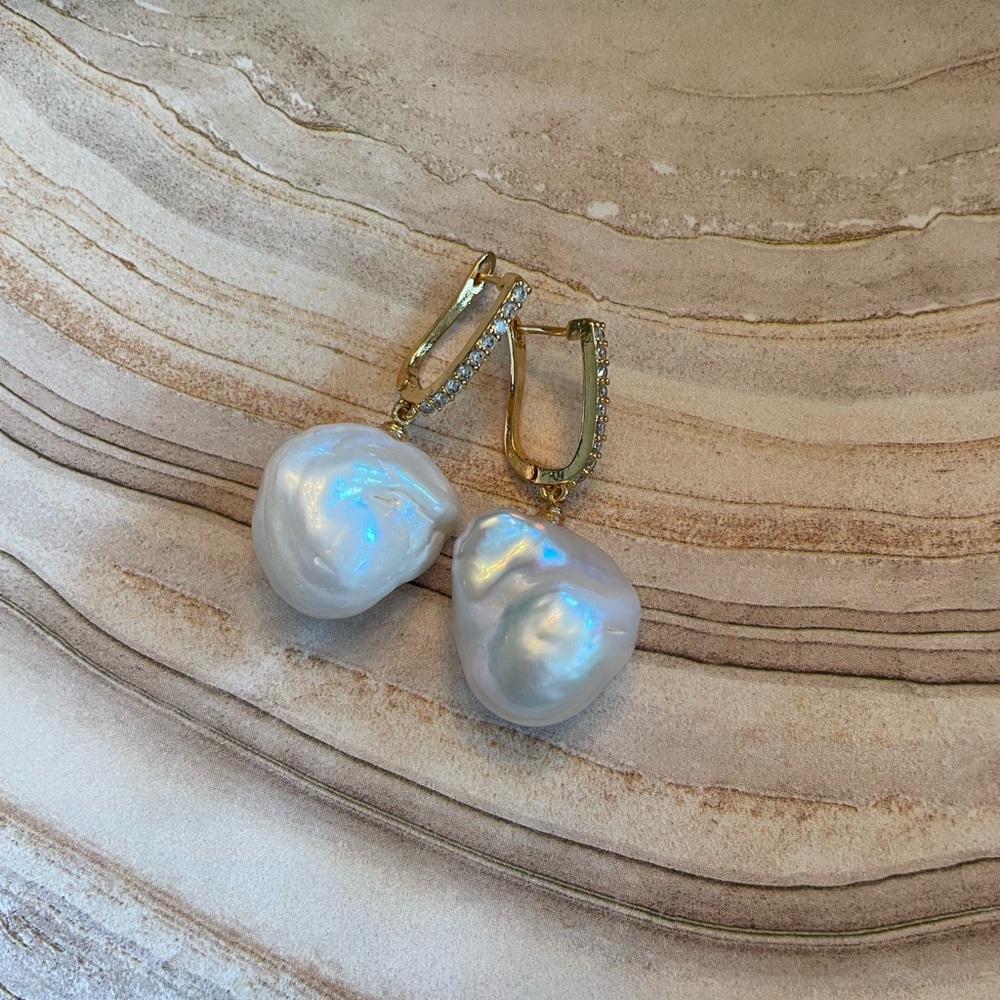 Wedding Jewelry - 14K Gold Plated Hoops with Large Freshwater Pearl Drop